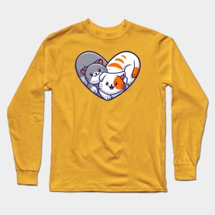 Cute Cat Couple Friend With Love Shape Cartoon Long Sleeve T-Shirt